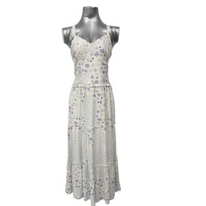 Kirious Los Angeles Womens XL Floral Maxi Dress Blue White Tiered Smocked Corset